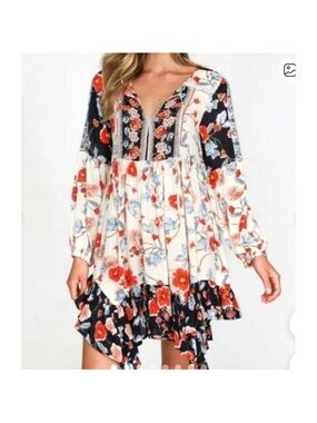 Patrons of Peace Boho Peasant Dress s Patchwork Floral Handkerchief Hem Festival